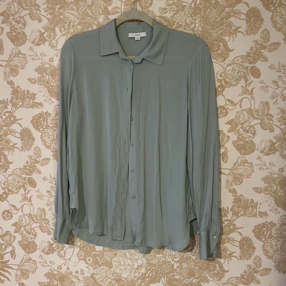 Vince silk Sage Green Long-Sleeve Button-Down Shirt